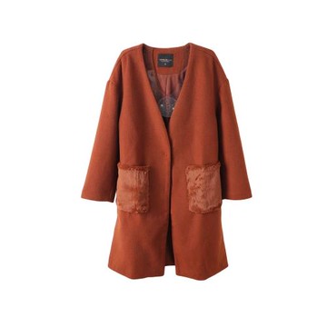 MJ系列 冬裝新品 女士純色V領大衣綿羊毛呢中長外套休閑外穿