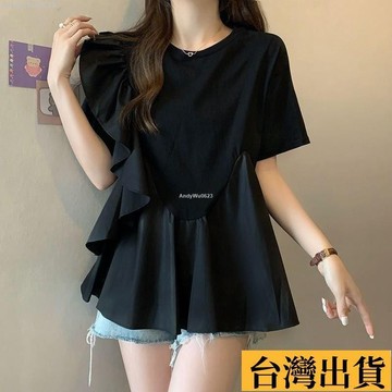 🌈台倉出庫🌈 大碼女裝 夏季 新款 女士圓領纯棉t恤 短袖 荷葉邊拚接寬鬆顯瘦遮肉上衣