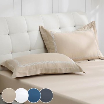 鴻宇 300織美國棉 純色刺繡 歐式壓框枕套2入-多款任選