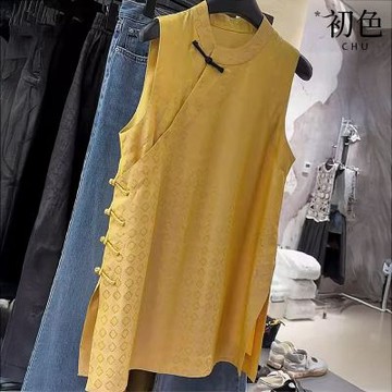 初色 純色刺繡圓領木耳邊無袖薄款馬甲背心上衣女上衣-共2色-14280(M-2XL可選)