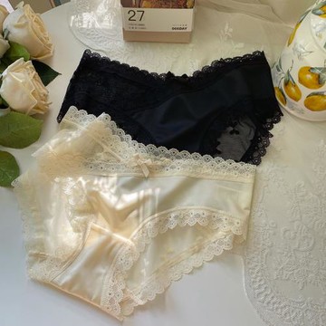 情陷法式~絲滑緞面蕾絲內褲女性感交叉舒適無痕中低腰包臀三角褲