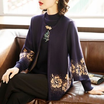 中老年人女秋裝奶奶時尚套裝洋氣開衫外套媽媽春秋針織上衣兩件套