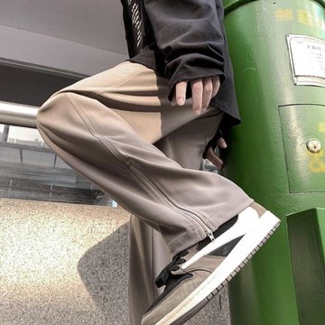 垂感褲子男設計感拉鏈開叉拖地褲直筒寬松闊腿褲春秋休閑運動長褲