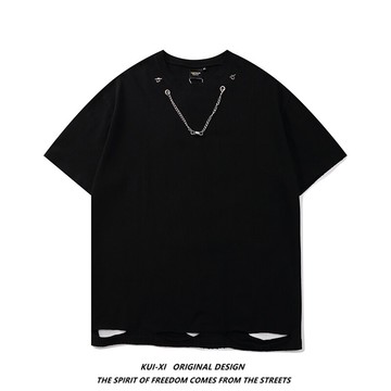 歐美高街下擺破洞寬松圓領短袖男潮牌嘻哈個性純色帶鏈條半袖T恤