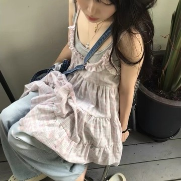 Muun Studio小眾街頭少女可愛蓬蓬格紋蛋糕花邊疊穿吊帶連衣裙