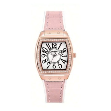 【Folli Follie】29毫米 清爽配色  精鑲水晶錶圈 鱷魚壓紋真皮腕錶(玫瑰金x粉白 FF230732)