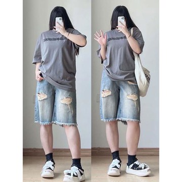 2-300斤胖mm直筒破洞牛仔短褲女夏季褲子大碼女裝顯瘦闊腿五分褲