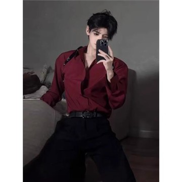 高級感內搭禁欲系酒紅色襯衫男長袖春秋季西裝痞帥垂墜感襯衣外套