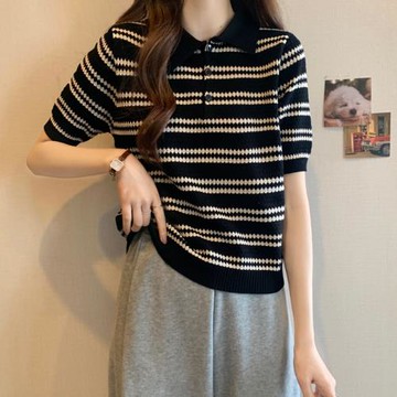大碼女裝復古POLO領遮肚子條紋打底衫女夏季胖MM百搭顯瘦針織上衣