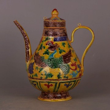 明琺華彩浮雕鳳紋長嘴長柄壺 仿出土舊貨老貨瓷器收藏家居擺件品