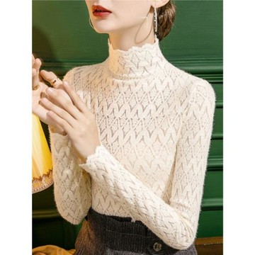 2025秋季新款高領蕾絲打底衫女立領修身洋氣女裝內搭長袖提花上衣