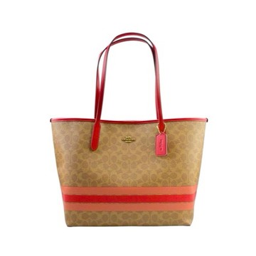 [平輸版] 【COACH】棕色C Logo PVC撞色直條紋肩背托特包 真品平輸