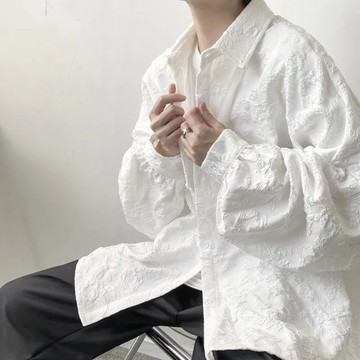 高級感 長袖 襯衫 純棉 男士 韓版 潮流 設計感 浮雕 壓花 襯衣 春季 ins新款 外套 純棉外套