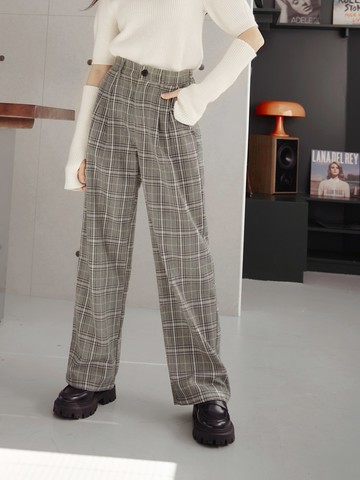 細緻格紋後腰鬆緊直筒長褲