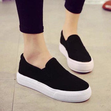 樂福鞋厚底增高款夏帆布小白鞋女34碼懶人一腳蹬黑色休閑松糕板鞋