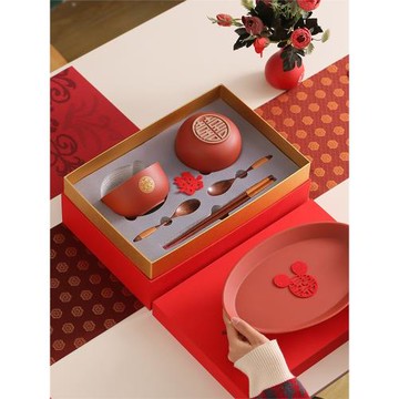 結婚碗筷套裝婚禮陶瓷磨砂陪嫁紅色喜碗一對婚慶用品新婚夫妻對碗