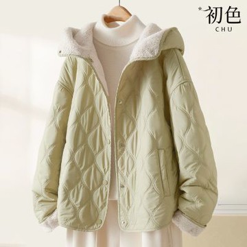 初色 寬鬆簡約休閒通勤加厚保暖內刷毛排扣連帽長袖外套女外套-綠色-16928(M-2XL可選)