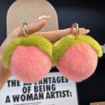 可愛獺兔毛小桃子汽車鑰匙扣掛件ins毛絨球水蜜桃包包掛飾毛毛球