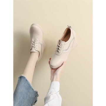 真皮坡跟單鞋女2024秋季新款系帶內增高小白鞋舒適百搭深口皮鞋