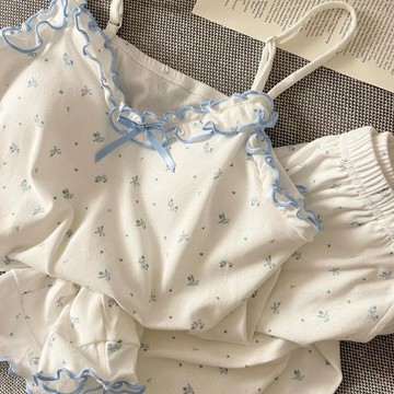 💗台灣出貨💗韓系甜美碎花吊帶睡衣女夏新款 帶胸墊 免穿內衣 少女蝴蝶結家居服 兩件套睡衣 女生睡衣 可愛睡衣 寬鬆睡衣女