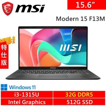 MSI微星 Modern 15 F13MXG-1025TW-SP3 15.6吋 灰(i3-1315U/32G DDR5/512G PCIE/W11)特仕版