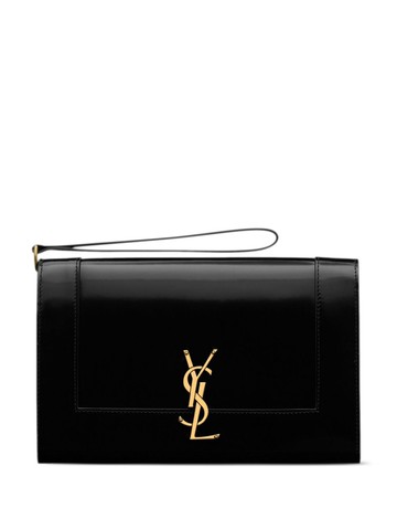 Saint Laurent - logo-plaque flap pouch - women - CALFSKIN/Organic Cotton - One Size - Black