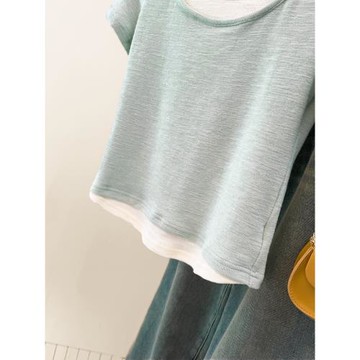 chic甜辣別致短袖T恤女夏季韓版修身打底衫假兩件短款正肩上衣潮