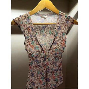 夏季新款辣妹上衣女法式復古設計感小眾別致印花V領修身顯瘦襯衫