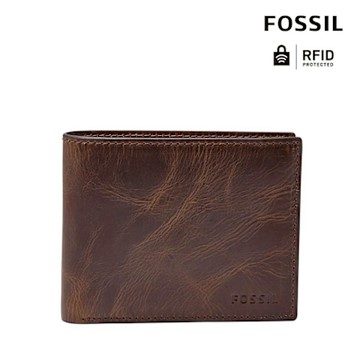 FOSSIL DERRICK真皮帶翻轉證件格RFID男夾- 深棕色
