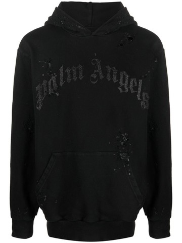 Palm Angels - distressed logo-print hoodie - men - Polyurethane/Cotton/Polyester - S - 1010 BLACK BLACK
