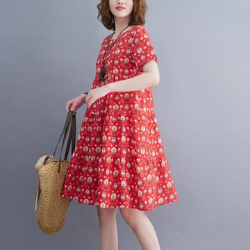 碎花短袖棉麻連衣裙2025夏季薄款大碼女裝寬松遮肚顯瘦中長A字裙