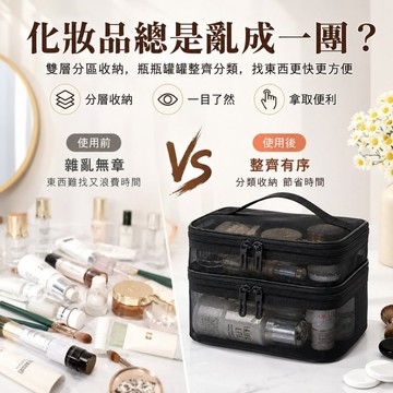 雙層透明化妝收納包｜彩妝刷具整理包 出差外宿隨身收納包 防潑水網紗 大容量分區手提化妝包 旅行盥洗包 保養品收納包