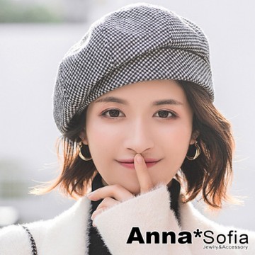 AnnaSofia 毛料小千鳥格 保暖畫家帽貝蕾帽(黑白系)