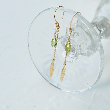 橄欖石羽毛耳環 14K 包金 注金 水洗不退色 幸運之石