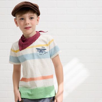 PIPPY 童畫水彩條紋印花飛機刺繡百搭圓領上衣 藍