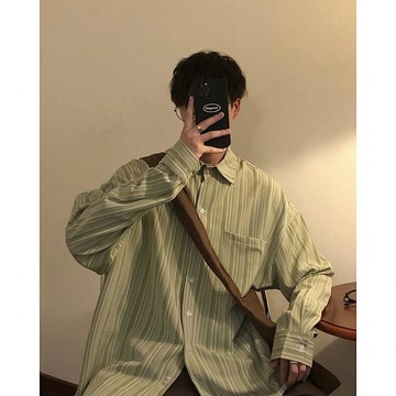條紋牛油果綠襯衫男長袖復古寬鬆高級感疊穿內搭襯衣vintage外套