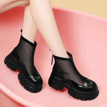 黑色包頭網紗涼鞋女2025新款夏季女鞋鏤空涼靴粗跟高跟鞋媽媽網靴