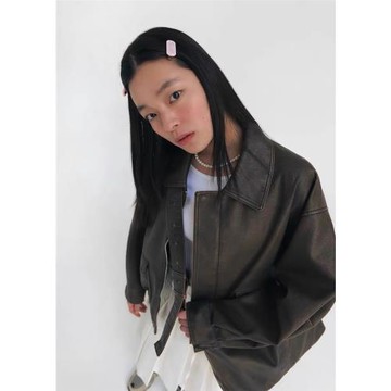 GROVE韓國23新款復古啞光做舊拉鏈皮衣夾克廓形機車外套上衣女秋
