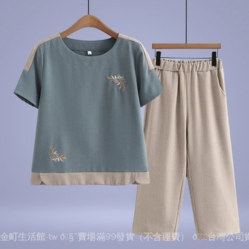 ✨可開發票#品牌媽媽夏裝棉麻套裝短袖T恤2024新款中老年人女夏季上衣兩件套#免運