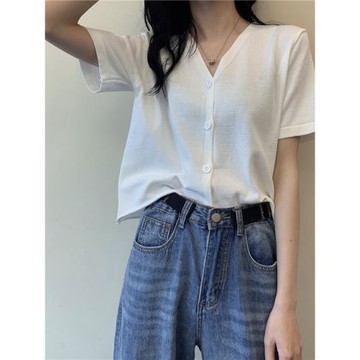 2025夏季新款韓版溫柔風白色v領薄款冰絲短袖針織開衫上衣女短款
