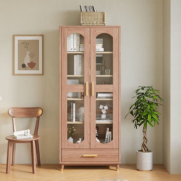 免運可開票 白蠟木實木書柜簡約風落地置物架對開玻璃門多層書架收納架 快速出貨pyy9007