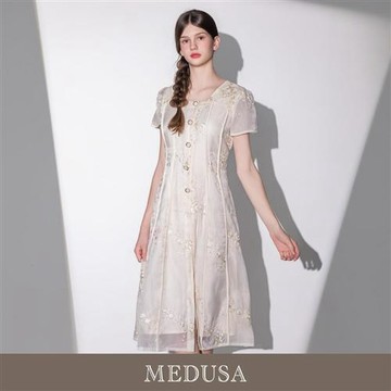 現貨【MEDUSA 曼度莎】典雅中式刺繡歐根紗小禮服（M-XL）｜小禮服 洋裝推薦 媽媽禮服