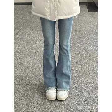 BA【限時特賣】牛仔褲女 牛仔長褲 高腰牛仔褲 牛仔寬褲 高腰褲 長褲女 淺色毛邊微喇牛仔褲女秋季新款高腰彈力修身顯瘦直