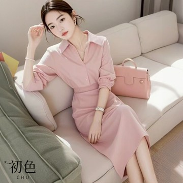 初色 法式純色通勤單排釦七分袖襯衫+單色收腰中長裙半身裙套裝-粉紅色-10930(M-2XL可選)