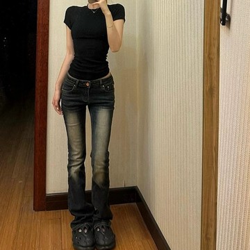 Muun Studio（現貨馬上出）24hr出貨穿上秒變腿精 美式復古辣妹彈力低腰春秋修身直筒顯瘦牛仔褲