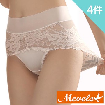【Mevels瑪薇絲】4件組 加大尺碼透視蕾絲加長棉質底中高腰內褲/蕾絲內褲(XL/2XL/3XL)