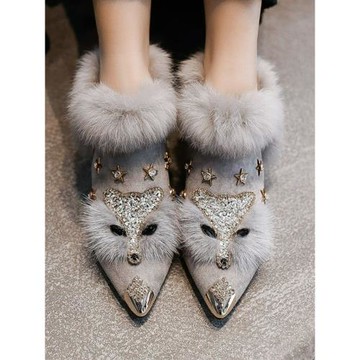 2022歐洲站冬季新款加絨狐貍頭懶人毛毛鞋女一腳蹬鞋女粗跟短靴子