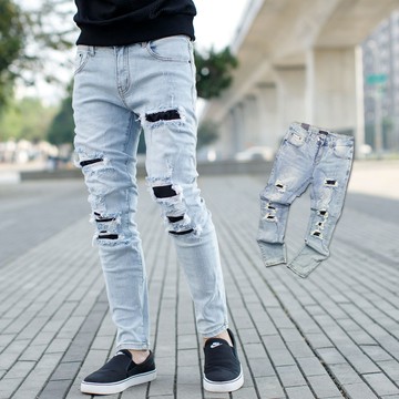 【NB1587J】韓國製淺藍刷色抓破黑色補丁合身版牛仔褲(LE-HB182)