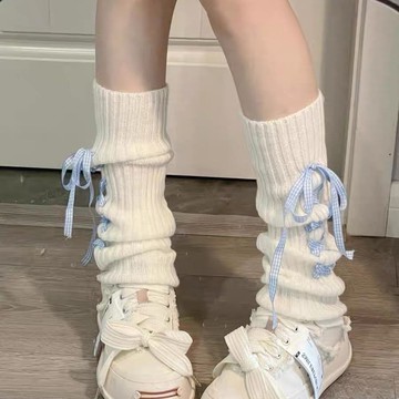 【今天買 明天到 現貨】蝴蝶結綁帶堆堆襪y2k少女白色亞文化辣妹小眾Ruibbit格紋腿套顯瘦