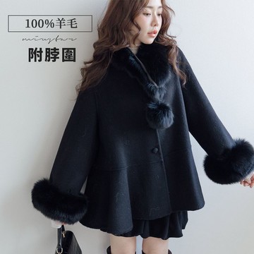 現貨★狐狸毛圈圓領排釦100%羊毛口袋傘襬外套(共3色)1230 【NR2540】